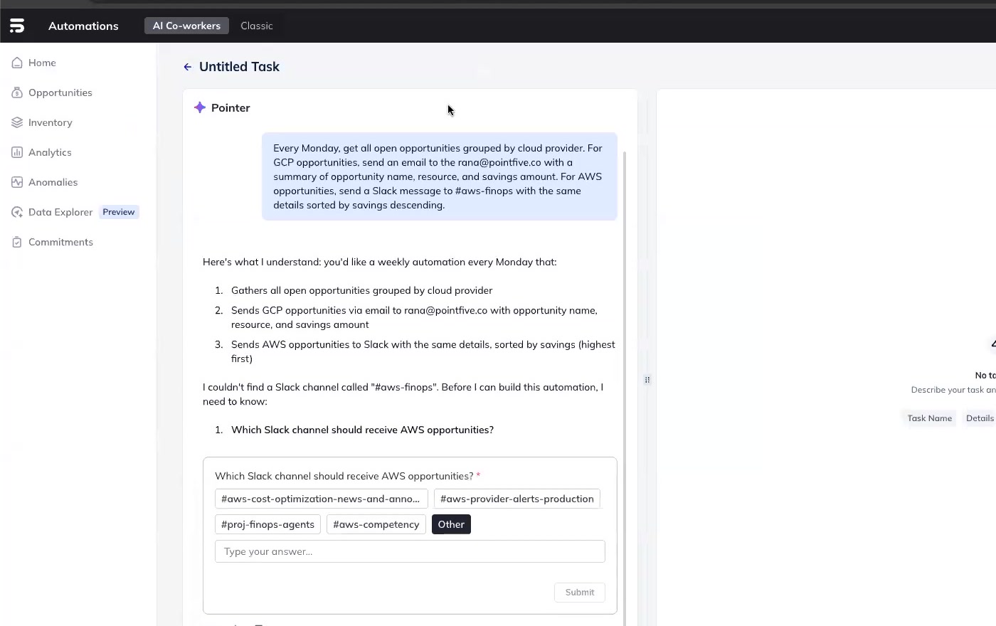 PointFive AI Co-workers conversational interface — describing a weekly opportunity report in plain language