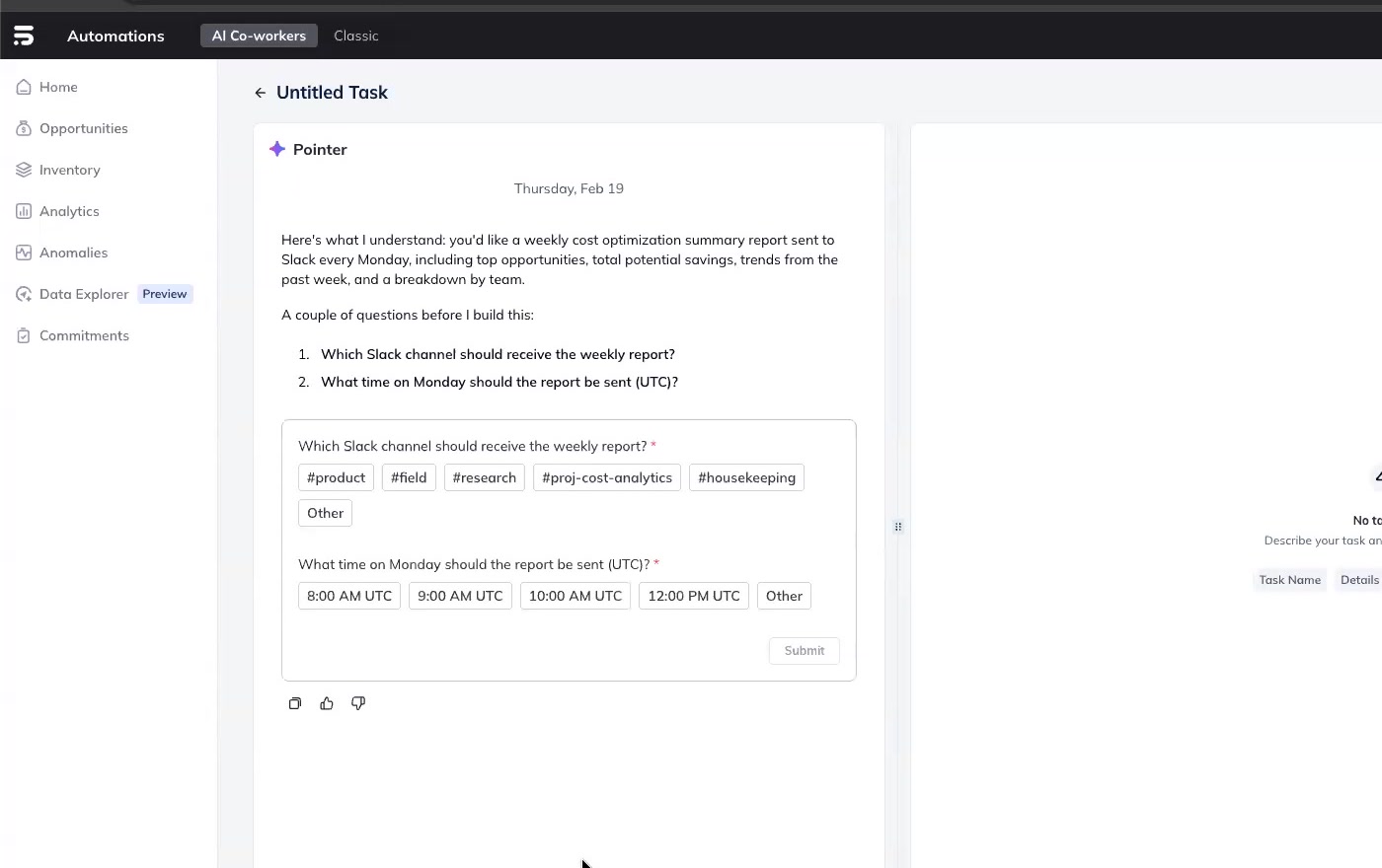 PointFive AI Co-workers setting up a weekly cost optimization summary report with Slack channel and schedule selection