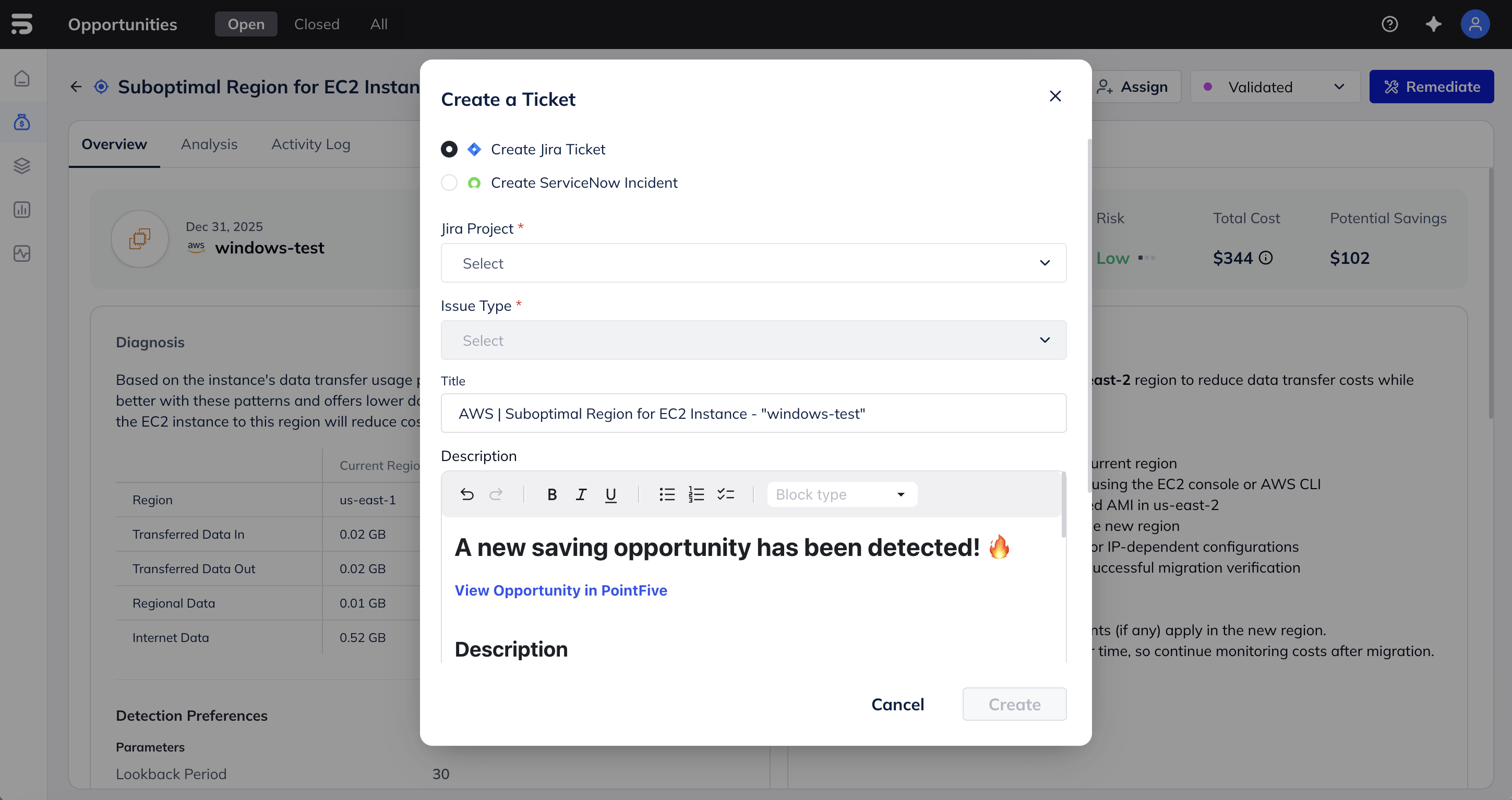 PointFive Jira integration for automated ticket creation