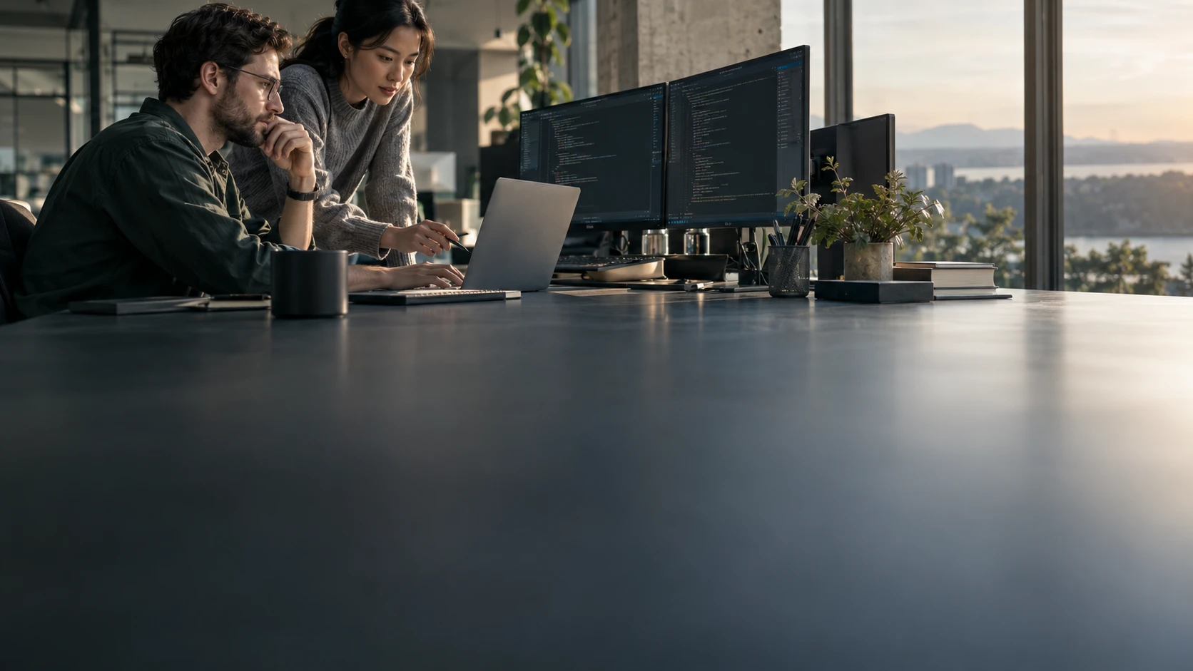 Two engineers collaborating at a workstation in a modern office.
