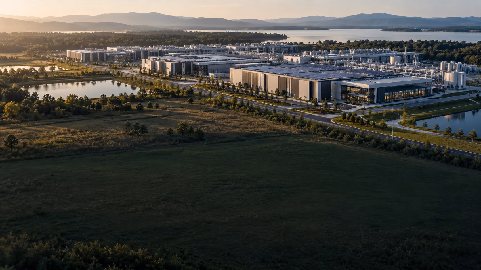 Aerial view of an enterprise data center campus within a landscape.
