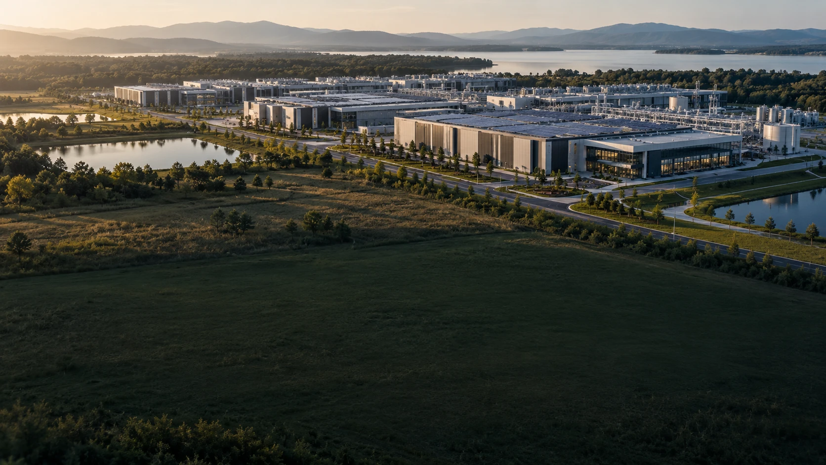Aerial view of an enterprise data center campus within a landscape.