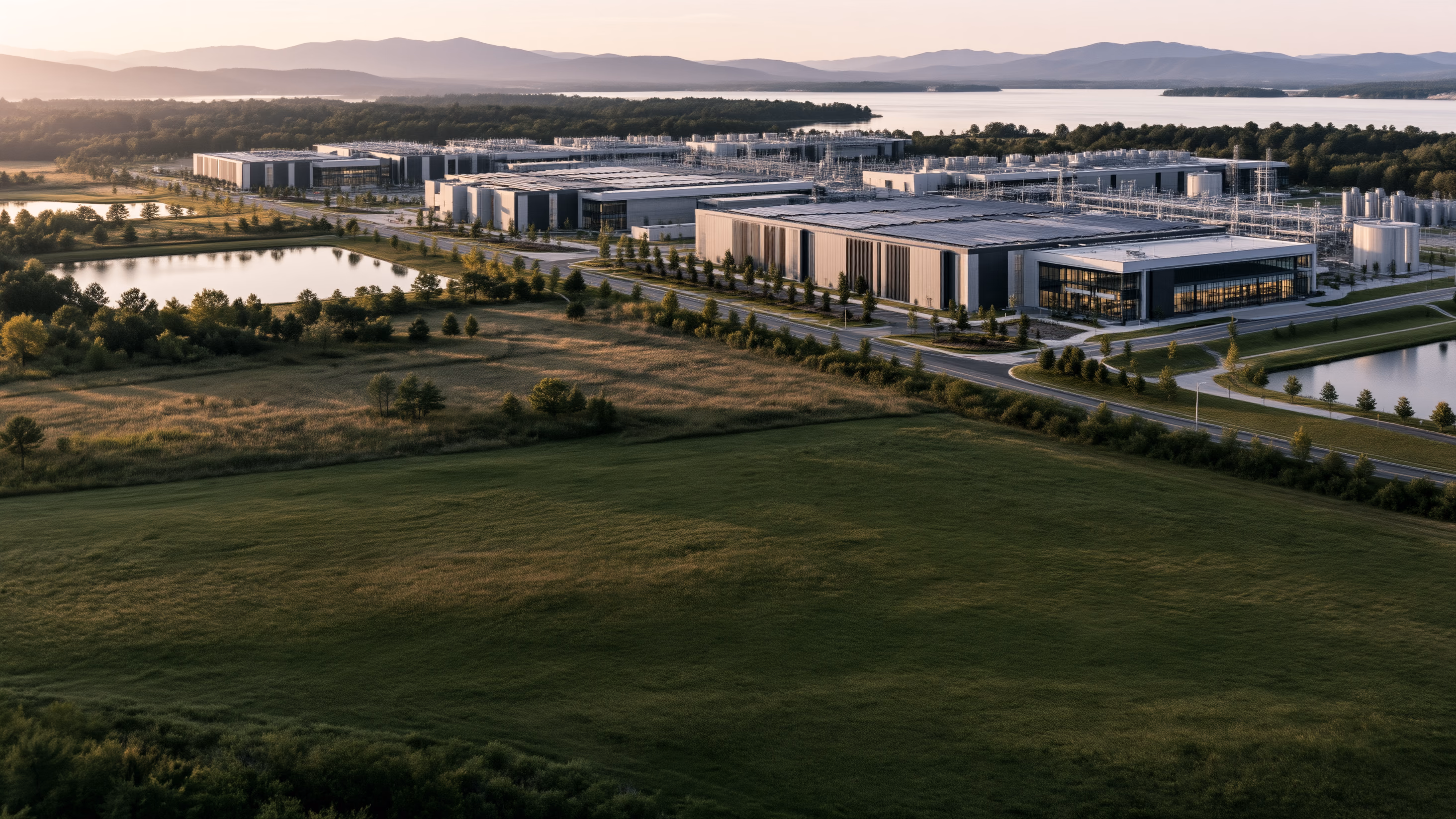An infrastructure campus surrounded by green fields and trees, with a lake and mountains in the distance.