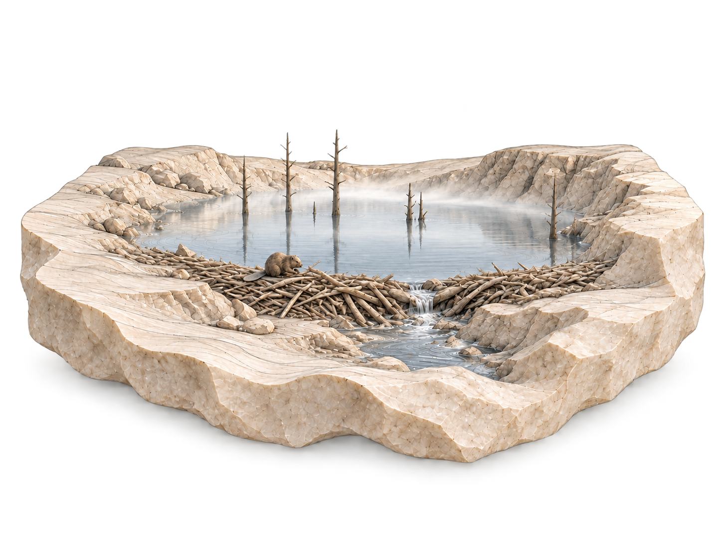 A beaver dam holds water in a stone valley: continuous work that improves the environment.