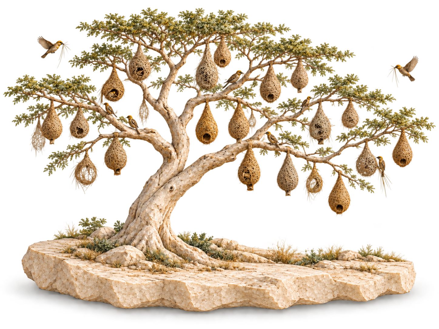 Weaver birds build individual nests on the shared branches of a tree in a limestone landscape.