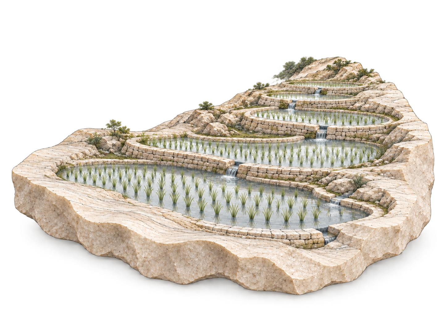 Terraced stone hills guide water through growing fields: structure that enables growth.