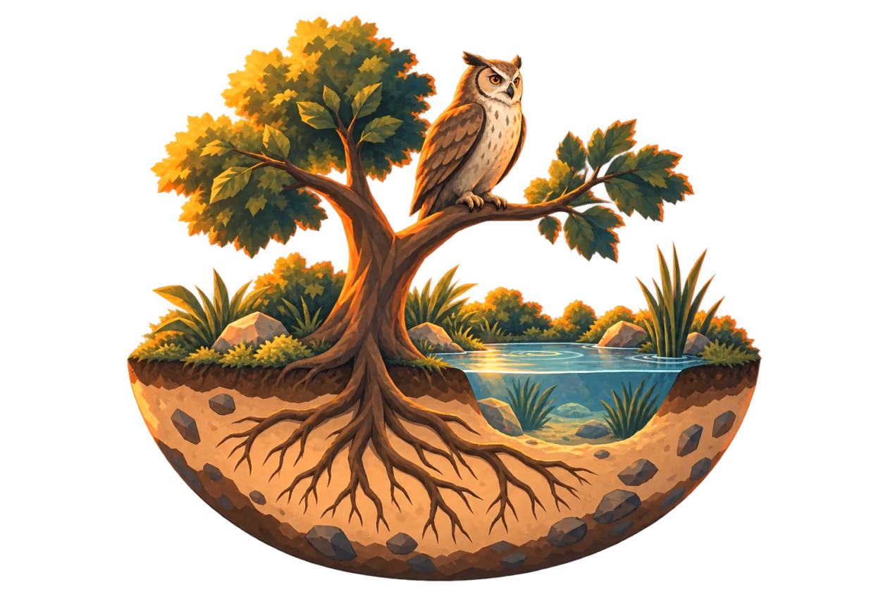 An alert cartoon owl watches over a pond and the surrounding habitat.