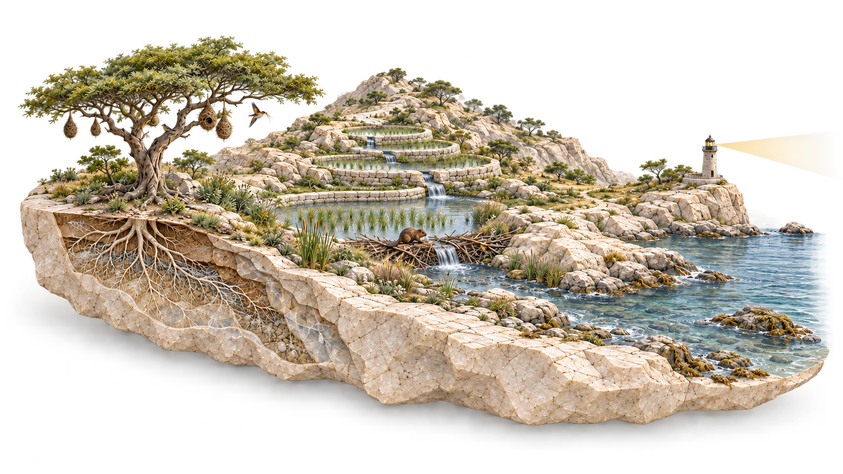 One stone ecosystem connects roots, a nesting tree, terraces, a pond, and a lighthouse.