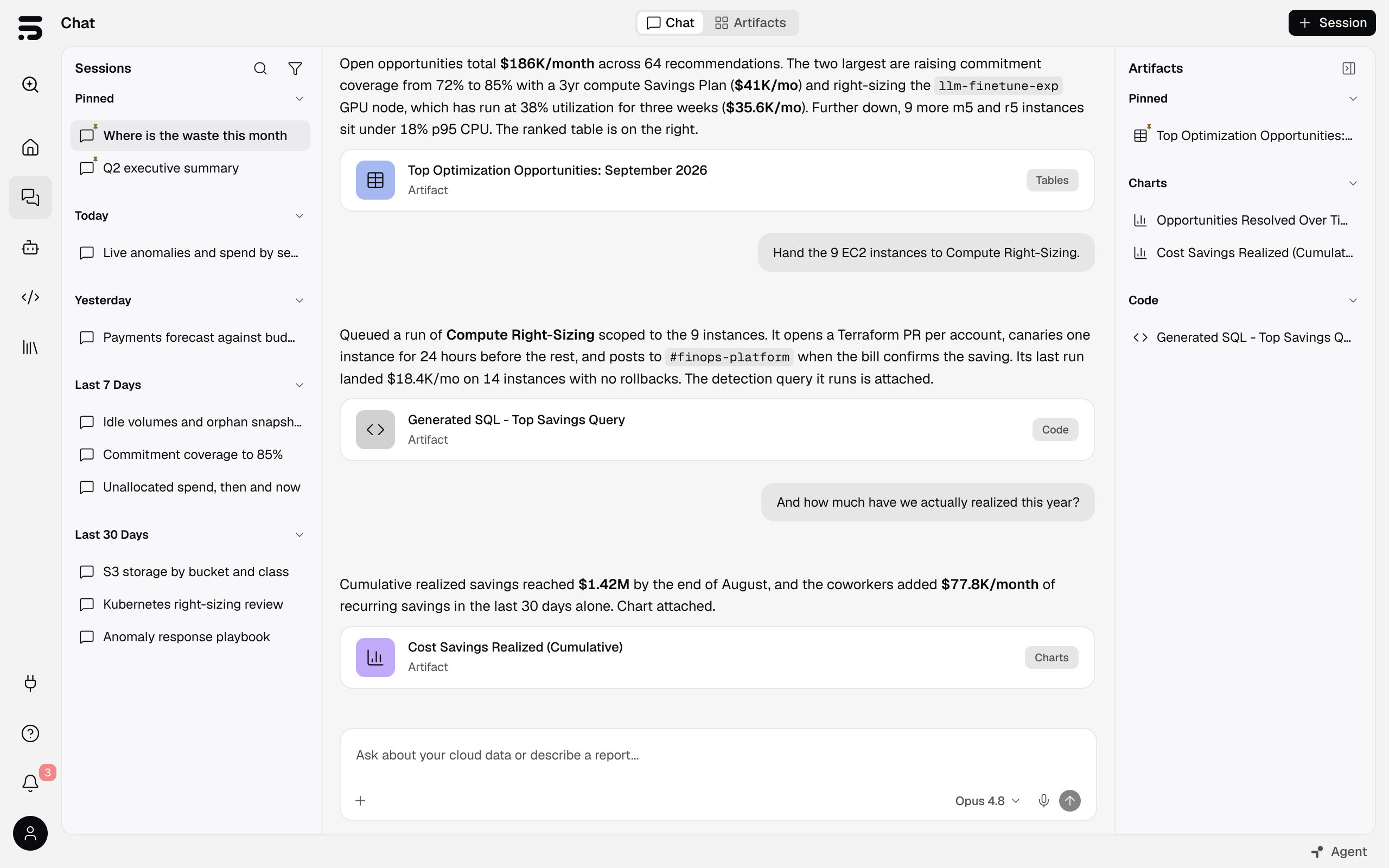 PointFive OS Chat investigating cloud optimization opportunities in a sample conversation.