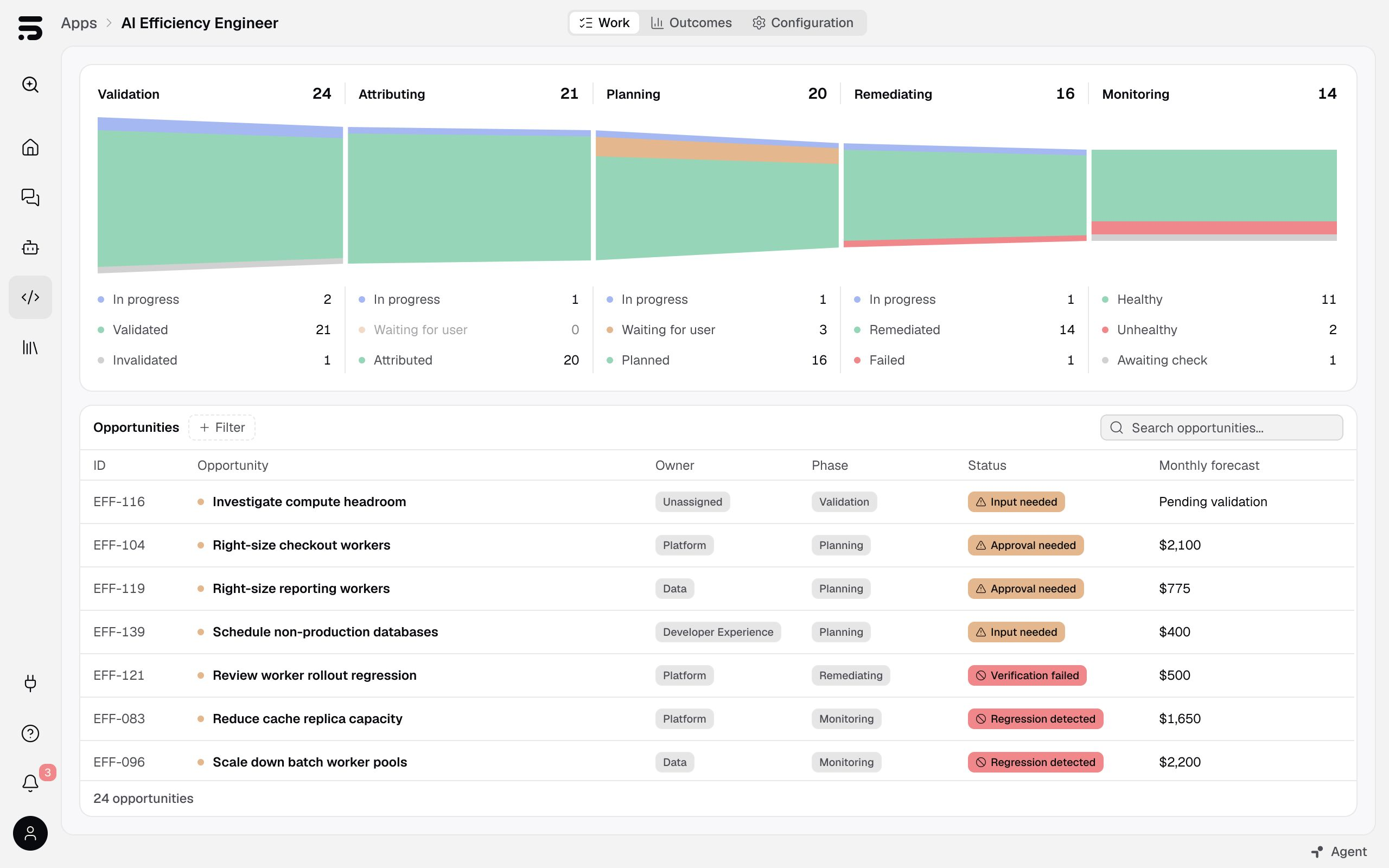 AI Efficiency Engineer native application dashboard showing the work funnel and infrastructure opportunities, with their owners, phases, statuses, and monthly savings forecasts.